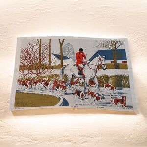 vintage Ulster "The Meet" pure Irish linen tea towel with a fox hunting scene